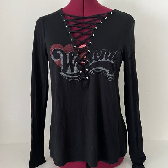 Vintage Express One Eleven Lace Up Shirt Print Weekend Fall Heart Grunge - Picture 1 of 6